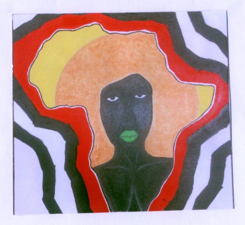 painting of an African woman inside the shape of the continent of Africa